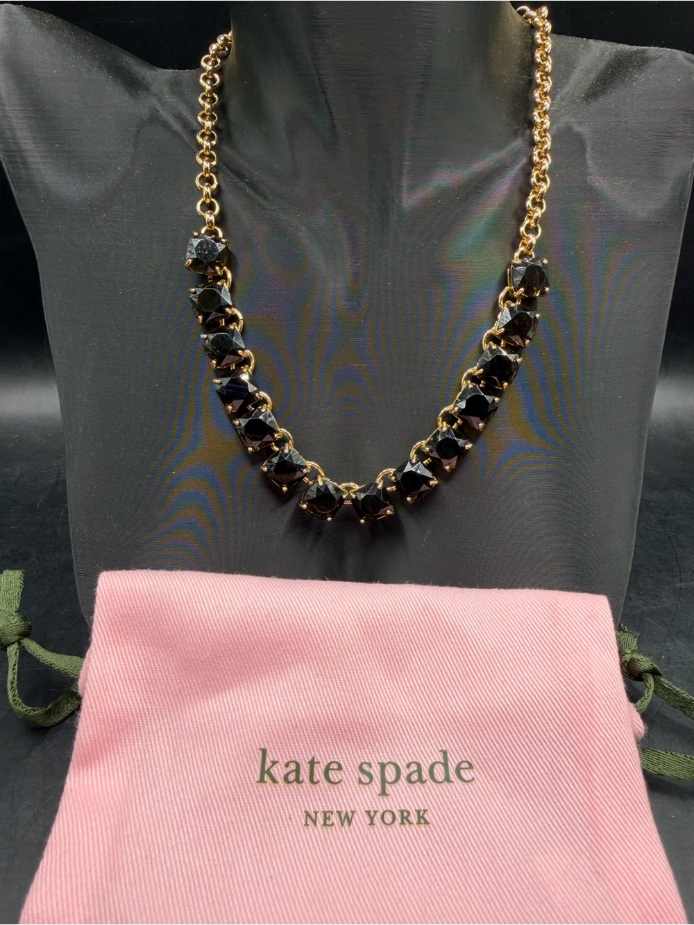 Kate Spade Black Faceted Crystal Gold-Tone Link Statement Necklace + Dust Bag